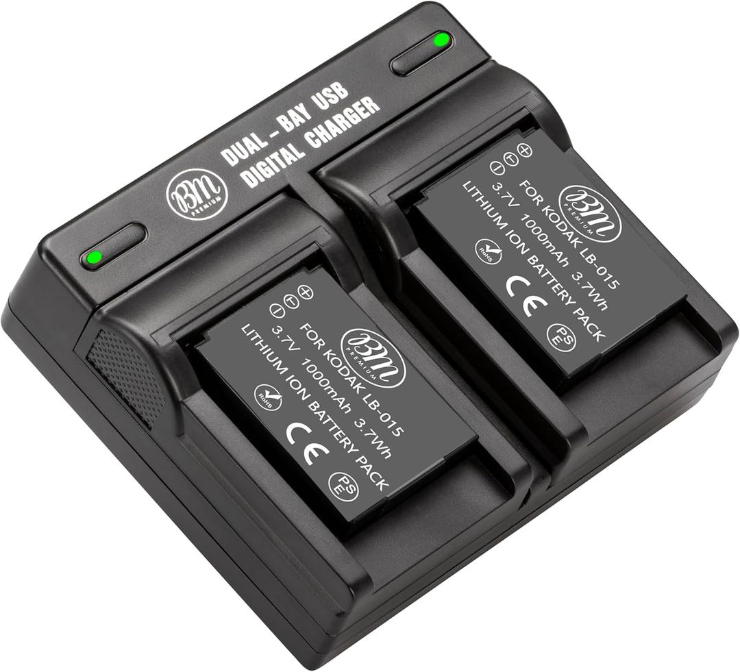 BM Premium 2 Pack of LB-015 Batteries and Dual Bay Battery Charger for Kodak PIXPRO WPZ2 Digital Camera