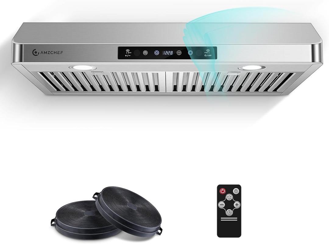 AMZCHEF 30" Under Cabinet Range Hood with Dual Fans System-1050CFM Ultra-Powerful Ventilation,3 Speed Stainless Steel Kitchen Hood with Touch/Remote/Gesture Control, Timer & LED Lights, Baffle Filters