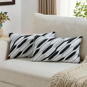 FUTEI Black White Decorative Throw Pillow Covers 12x20 Inch Set of 2,Soft Geometric Textured Faux Cashmere Pillow Case,Modern Home Decor for Couch Bed Living Room