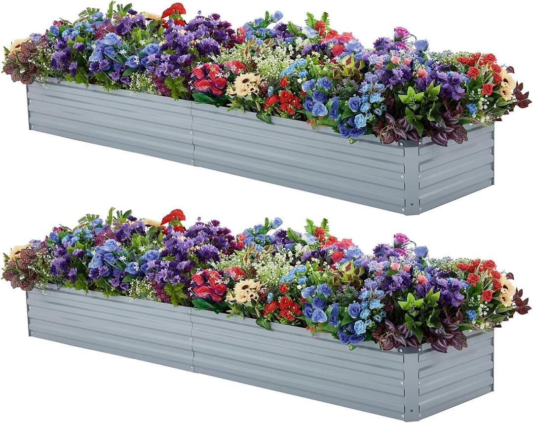 Galvanized Raised Garden Beds Kit Large Outdoor Metal Gardening Planter Box for Vegetable Elevated Flower Herbs, Gray, 8x2x1ft(2 Pack)