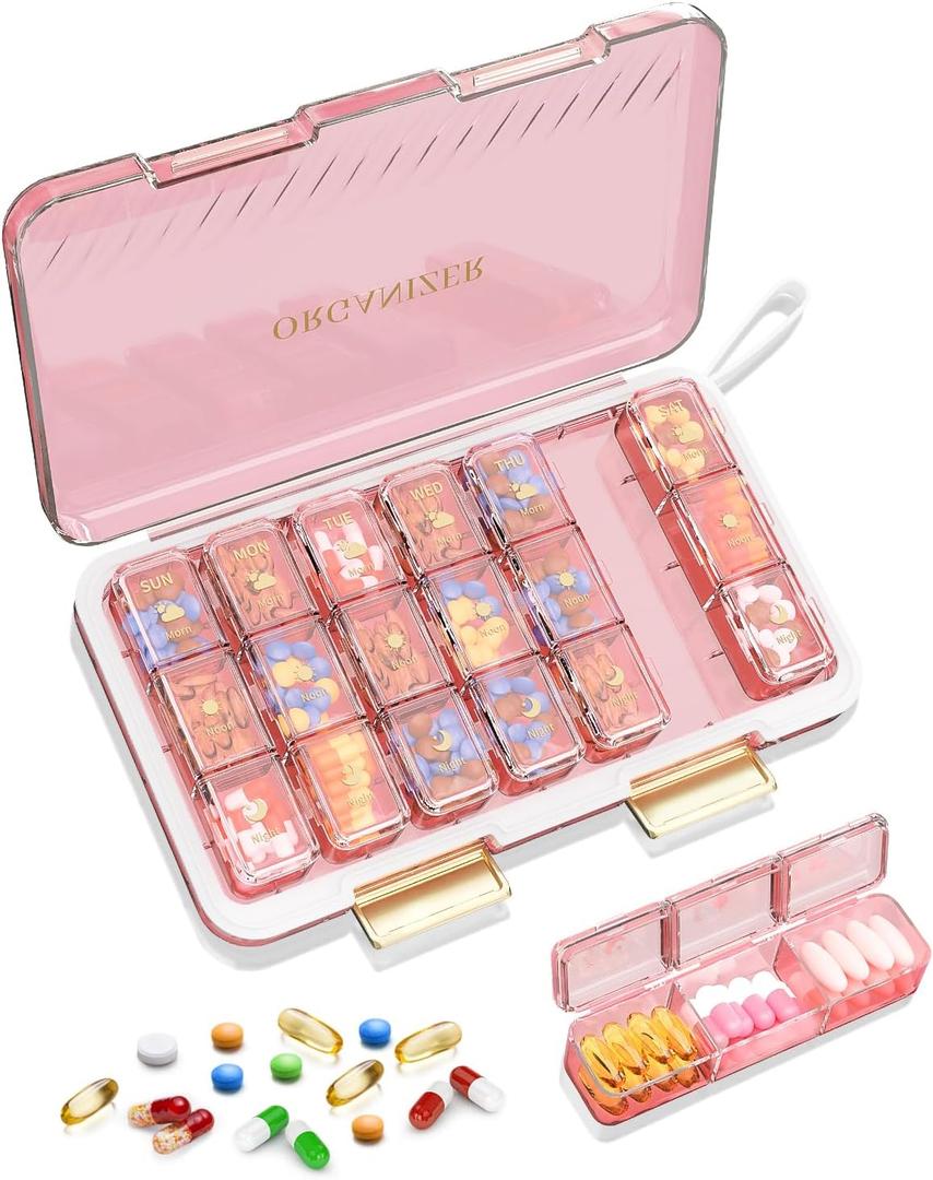 Pill Organizer 3X a Day, Large 7 Day Pill Box 3 Times a Day Portable for Family/Travel Medicine Case for Vitamins, Fish Oil and SupplementsPink