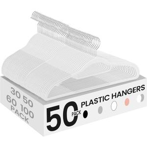 SONGMICS Pack of 50 Coat Hangers, Space-Saving Plastic Clothes Hangers, Non-Slip, 0.2 Inches Slim, 16.5 Inches Wide, 360° Swivel Silver Hook, White UCRP20WT50