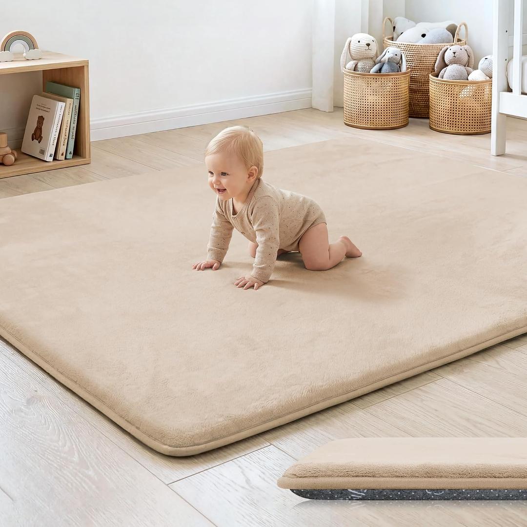 1.3" Thick Baby Floor Play Mat 79x158, Basic Padded Foam Mat for Tummy Time Crawling, Non Slip Cushioned for Babies Toddlers Infants Kids (Beige)