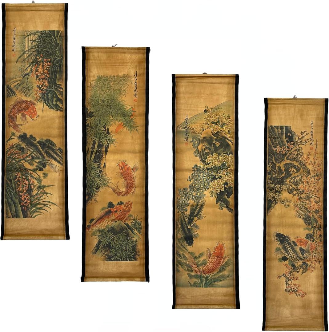 4PCS/Set Wall Scroll Hanging Painting Decor Japanese Koi Fish Flower Fengshui, Ancient Paintings Replica Asia Traditional Art, Attract Wealth Four Seasons