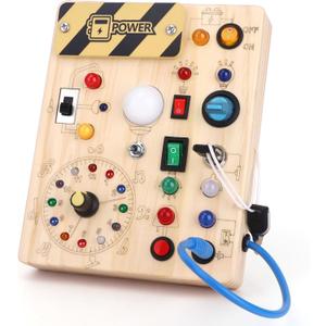 Montessori Toys Clock Wooden Busy Board with 11 LED Light switches, Tooddler Sensory Travel Toys for 1+ Year Old Baby and Toddler