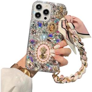 Compatible with iPhone 16 Pro Max Glitter Bling Case, Cute Luxury 3D Crystal Queen Rhinestone Full Diamond with Silk Scarf Wristband Chain Women Case Cover for iPhone 16 Pro Max 6.9"
