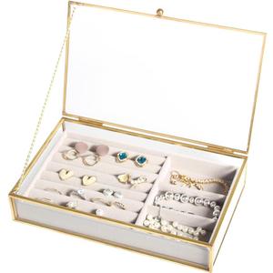 Feyarl Gold Glass Jewelry Trinket Box Ring Earring Display Holder Box Bracelet Brooch Organizer Decorative Photo Cards Collection Keepsake Case Velvet Tray for Home Deco Dresser Table