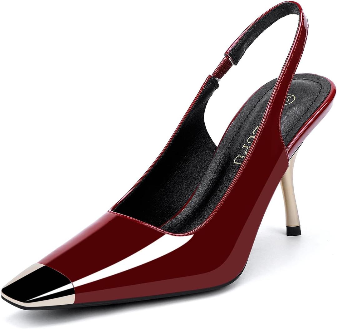 Women's Slingback 3In Kitten Heel Comfortable Closed Toe Pumps Dress Shoes for Women (6.5, Cap Wine Patent)