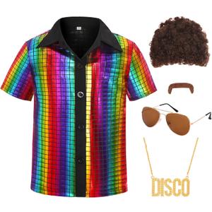 70s Outfits for Boys Disco Costume Kids Halloween Party Dress Up (8-10 Years, Multicolor)
