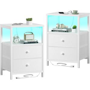 BOLUO White Nightstands Set of 2, Bedroom Night Stand Set Two Nightstand with Charging Station and LED Light, Bedside Table with 2 Fabric Drawers Modern