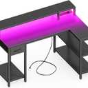 SUPERJARE 47 inch L Shaped Gaming Desk with LED Lights & Power Outlets, Reversible Computer Desk with Shelves & Monitor Stand, Corner Desk with Drawer, for Home & Office, Carbon Fiber Black