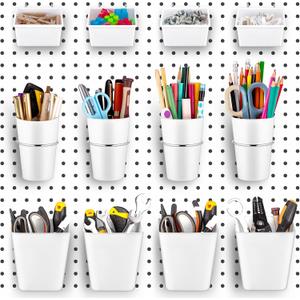 Jinei 12 Pcs Pegboard Bins and Cups with Hooks and Loops Peg Assortment Organizer Accessories Various Tool Organizer Pegboard Basket Set for Garage Workshop Workbench Office(White)