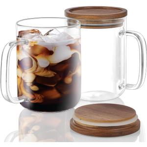 DRASTAR Glass Coffee Mugs, 20 oz Clear Coffee Cups with Acacia Wood Lid, Large Coffee Mug Set of 2, Tea Glass Cups with Handles, Glass Coffee Cups for Latte, Espresso, Tea