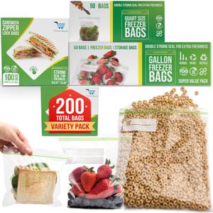 Baggies Variety Size Pack - 200 Count Variety Pack with 50 Gallon 50 Quart 100 Sandwich  Heavy Duty freezer bags