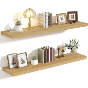 Vivelove 10" Deep Floating Shelves with Invisible Brackets, 36" Wall Shelves for Bathroom Bedroom Kitchen Living Room Laundry Room, Modern Rustic Shelves for Home Decor, 36"x10.2"x1.5", Set of 2, Oak, 35.4wx10.2dx1.5h