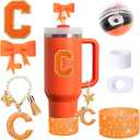 6PCS Orange Stanley Cup Accessories Set Fit for Stanley Cup 30oz 40oz,Including Spill Proof Stopper,Sparkly Silicone Boot,Bow Shape Straw Topper,Personalized Sticker,Handle Charm (Letter C)