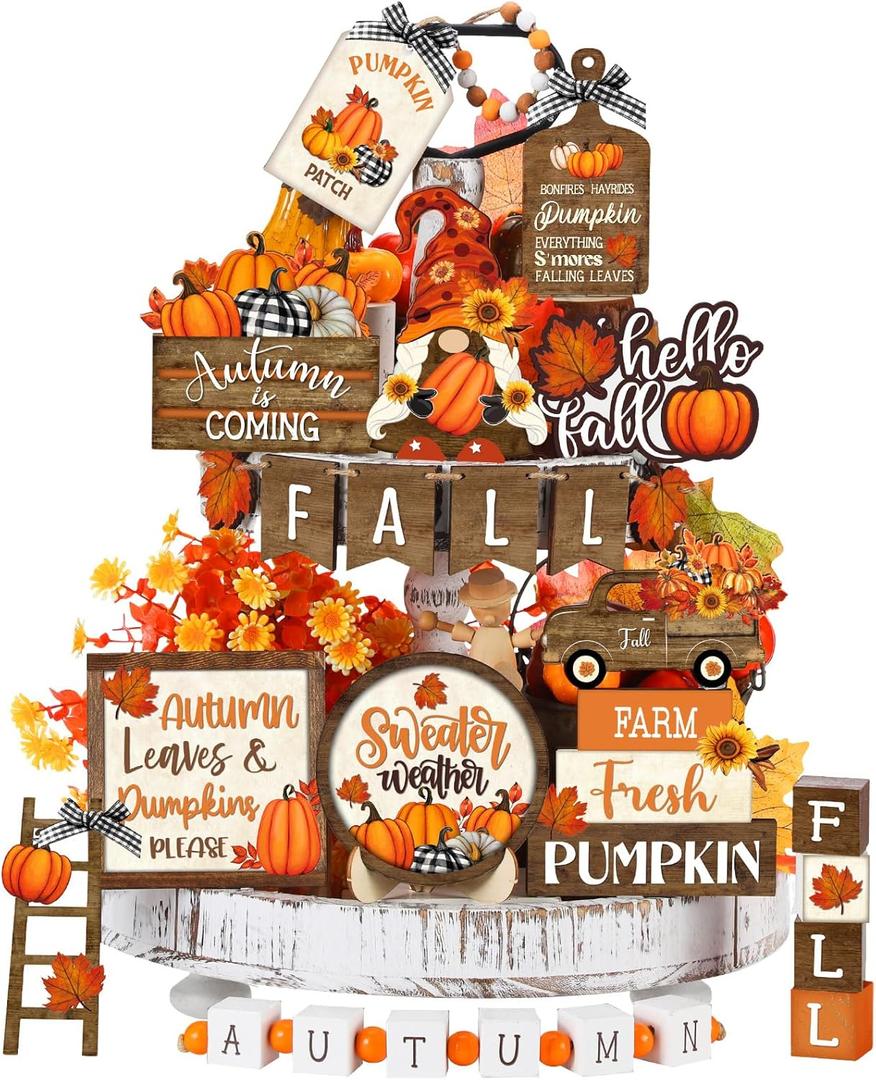 Maitys 21 Pcs Thanksgiving Tiered Tray Decor Set Fall Pumpkin Gnome Truck Scarecrow, Wood Sign, Rustic Farmhouse Decor, Hello Fall Wood Bead Decorative Tabletop Sign for Autumn, Thanksgiving Day, Vintage