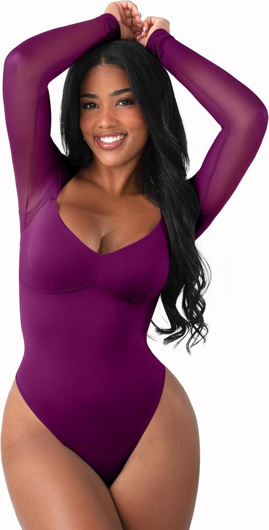 FeelinGirl Long Sleeve Bodysuit for Women Sexy Mesh V Neck Body Suits Thong Corset Top Going Out Outfits for Party (Medium, Purple)