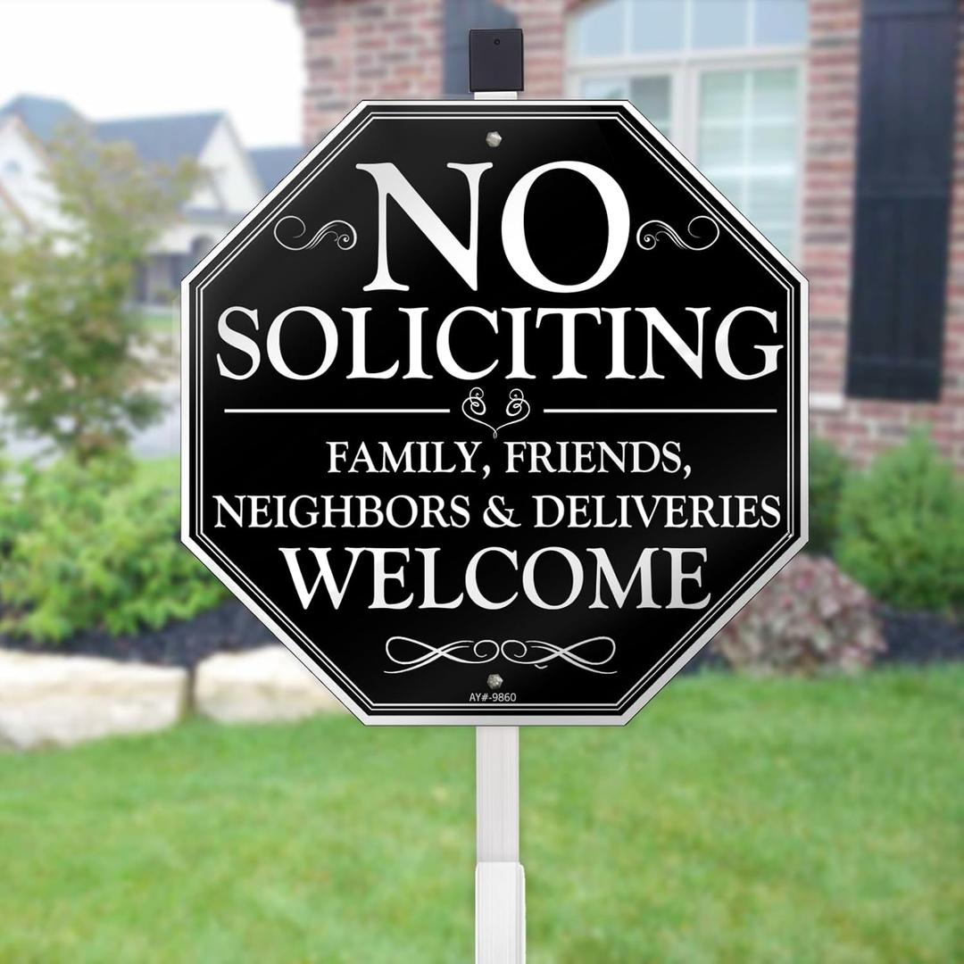 No Soliciting Sign for House, 10" x 28" No Solicitors Sign with Stake - Home Yard Decor, Metal Aluminum, Easy Install (No Soliciting, Friends Welcome)