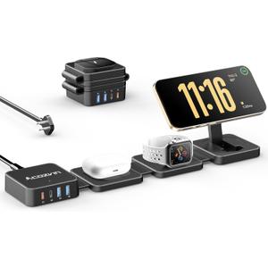 7-in-1 Wireless Charging Station for Apple Devices, ACOZVIN Foldable Magnetic Wireless Charger, 4 USB Ports(30W USB C), 5FT Cord Flat Plug, Travel Charger Stand for iPhone 16/15/14/13, iWatch &AirPods