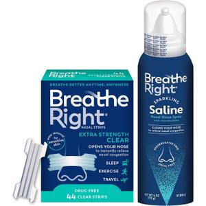 Breathe Right Extra Strength Clear Nasal Strip (44ct) and Breathe Right Saline Nasal Rinse Spray 4.0 oz Bundle