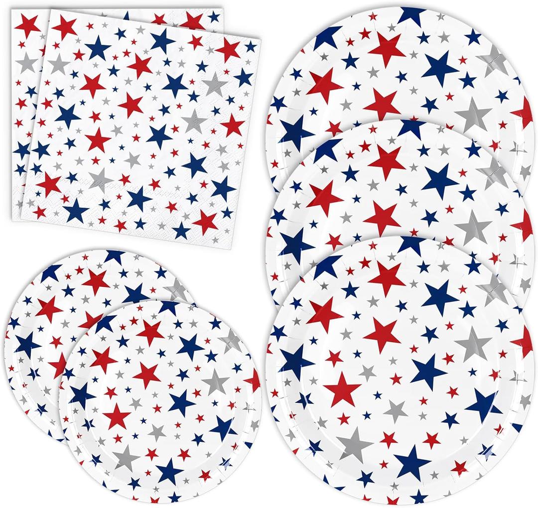 Whaline 72Pcs Patriotic Party Tableware Set Red Blue Star Disposable Dinnerware 48Pcs Paper Plate 24Pcs Napkin for 4th of July Independence Day Party Supplies Table Decor