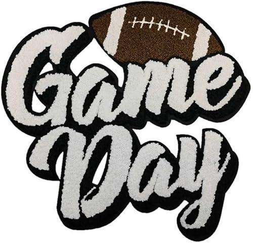 Rugby Game Day Chenille Towel Embroidery Patches Iron on Embroidered Applique DIY Clothing Backpacks Jacket Bag Sport Fans Decoration (White)
