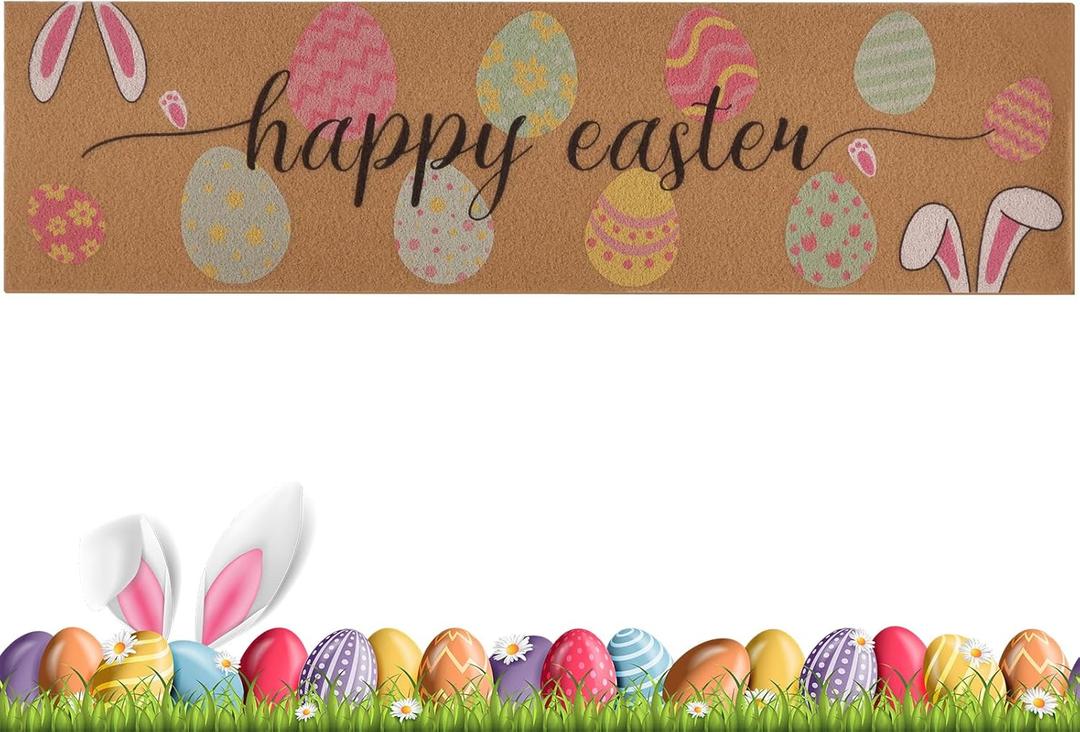 Foxtell Happy Easter Decorative Door Mat, 16"x60" Easter Welcome Doormat - Non-Slip Imitation Coir Entry Mat with Colorful Eggs Design for Spring, Outdoor & Indoor Front Door Decor