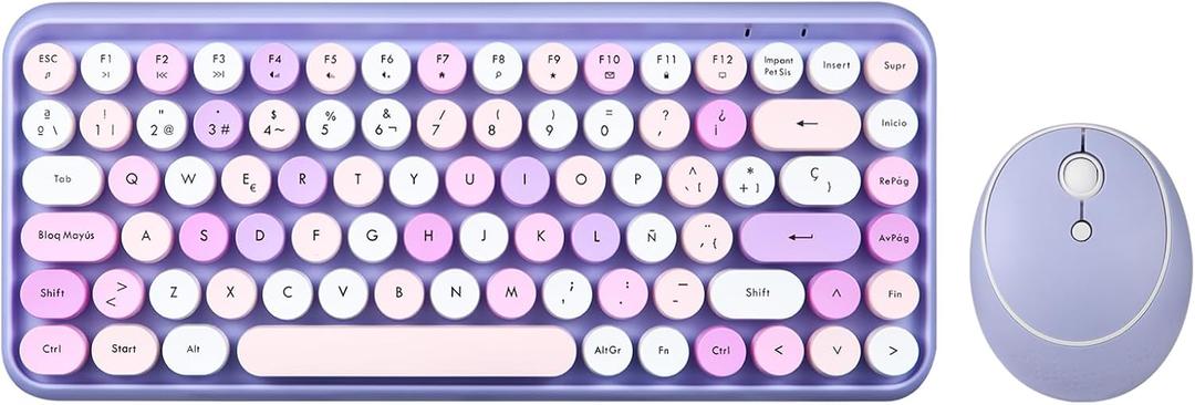 Perixx PERIDUO-713PP Wireless Mini Keyboard and Mouse Combo - Retro Round Key Caps - Pastel Purple - US English Layout