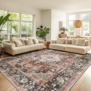 8x10 Area Rug Vintage Machine Washable Low Pile Carpet No Shedding Area Rugs for Living Room Bedroom Dining Room Kitchen Entryway Hallway Office Indoor-Red/Pink/Green