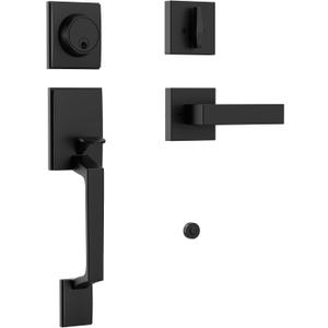 Front Door Lock Handle and Deadbolt Set, Matte Black Exterior Door Handle with Deadbolt Lock, Heavy Duty Modern Black Door Handle, Reversible for Right & Left