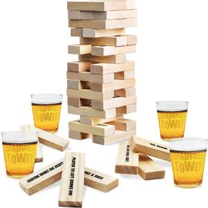 ArtCreativity Tumbling Tower Drinking Games for Adults, with 4 Glasses and 60 Wooden Blocks with Challenges, Fun House Adult Party Games for Game Night, Great Gift Idea for Everyone