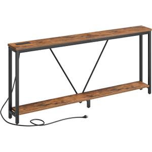 HOOBRO 70.9" Extra Long Sofa Console Table with Charging Station, 2-Tier Behind Couch Table with V-Brace, for Narrow Entryway, Hallway, Living Room, Rustic Brown BF186UXG01