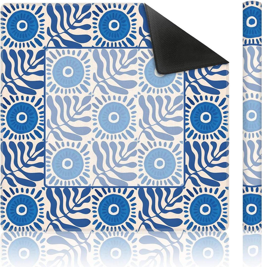 Mediterranean Blue Summer Mahjong Mat 31.5 x 31.5 Inch, Summer Greek Coastal Non-Slip Noise Reduction Mahjong Table Mat for American Mah Jong Poker Card Board Games Dominoes
