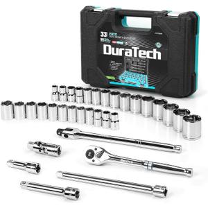 DURATECH 1/2" Drive Socket Set, 33-piece, Including Metric/SAE Sockets, 1/2-Inch Ratchet, Breaker Bar and Socket Adapters