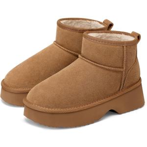 TEMOFON Snow Ankle Boots for Women: Genuine Suede Leather Platform Winter Fur Boots Waterproof Comfortable Warm Anti-Slip Memory Foam Outdoor Booties