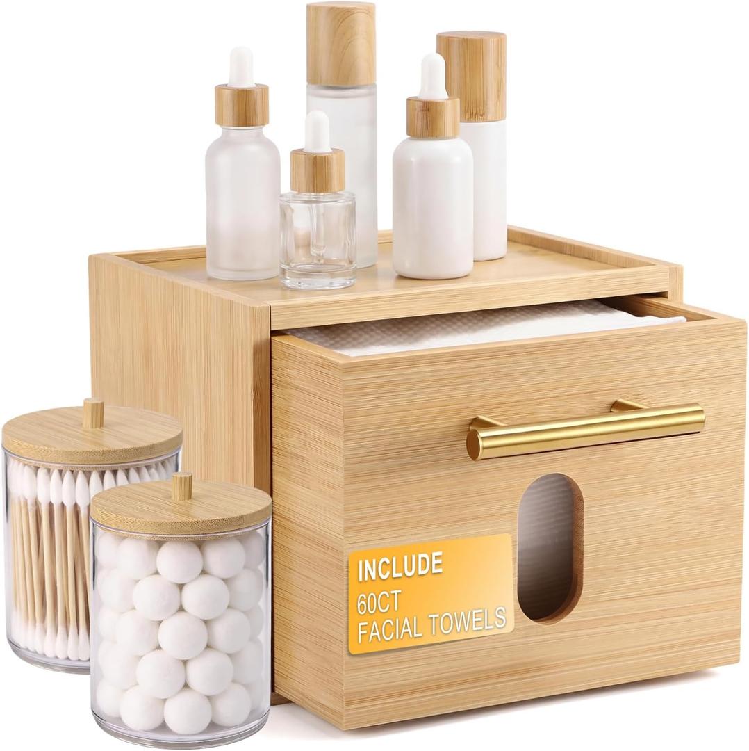 BSSN Face Towel Holder with 60 XL Disposable Wipes, Bamboo Facial Towelettes Container with Drawer and 2 Jars for Cotton Balls, XL Washcloths Organizer for Bathroom Vanity and Makeup Remover