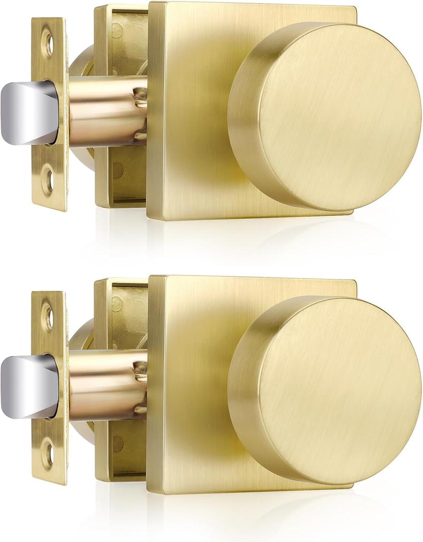 Haidms Gold Door Knobs Passage, Heavy Duty Square Brushed Gold Hall and Closet Door Knobs for Hallway, Zinc Alloy Passage Door Knob Hallways (2 Pack)