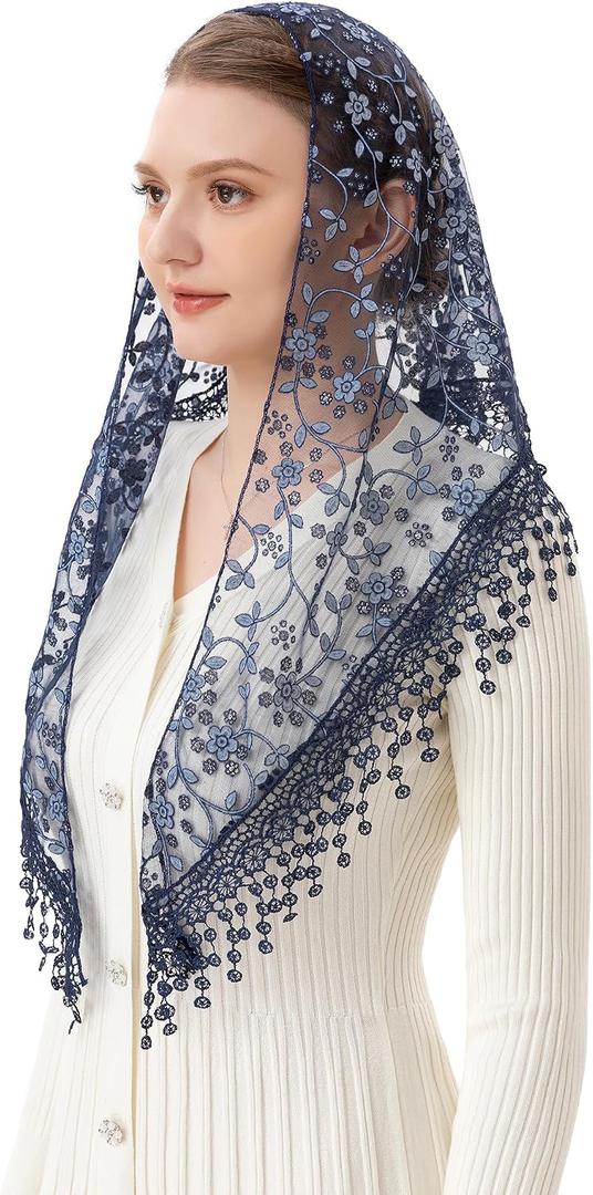 PAMOR Triangle Lace Veil Mantilla Cathedral Head Covering Chapel Veil for Mass Wedding Bridesmaids (Blue)