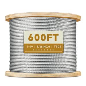 3/16" Stainless Steel Cable, 600FT Wire Rope Aircraft Cable for Pulling, Lifting, Deck Cable Railing, String Lights and DIY Balustrade, 7 x 19 Strands Construction