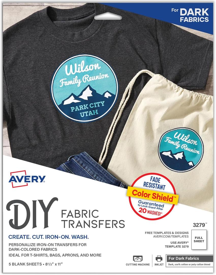 Avery Printable Heat Transfer Paper for Dark Fabrics, 8.5" x 11", Inkjet Printer Compatible, 5 Sheets of Iron On Transfer Paper, Great for Custom Shirts, Uniforms, Gifts, and More (3279) (White)
