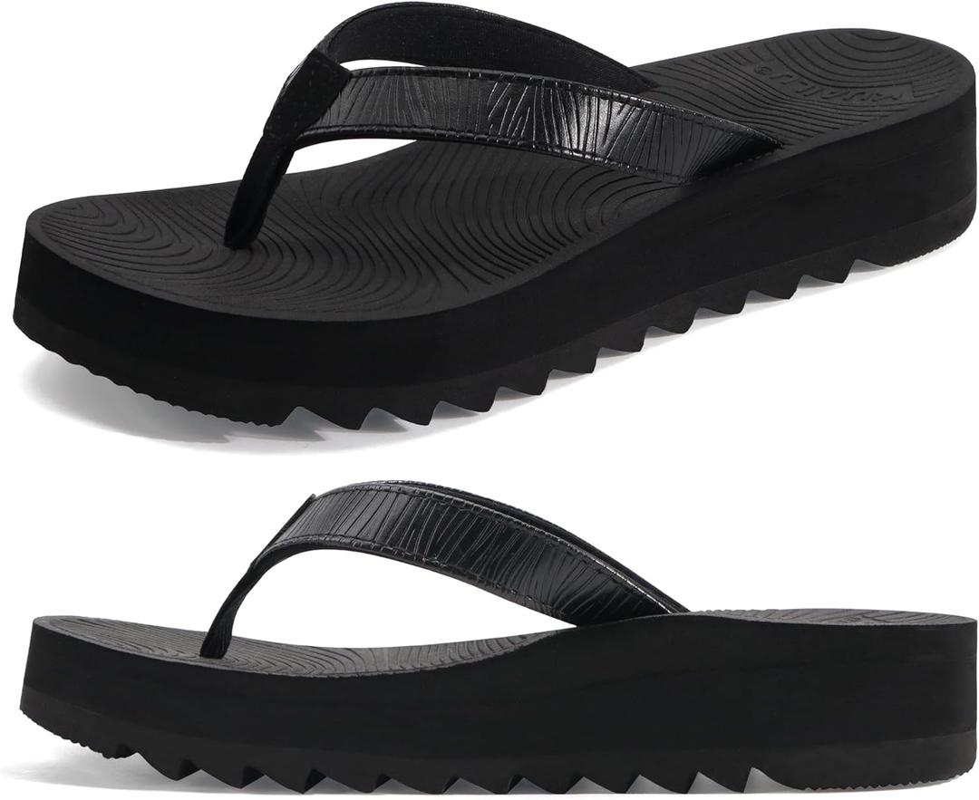 KuaiLu Flip Flops for Women With Arch Support Ladies Soft Yoga Mat Cushion Platform Thong Sandals Dressy Womans Lightweight Summer Slip On Beach Flip Flop Sandles, Black US6