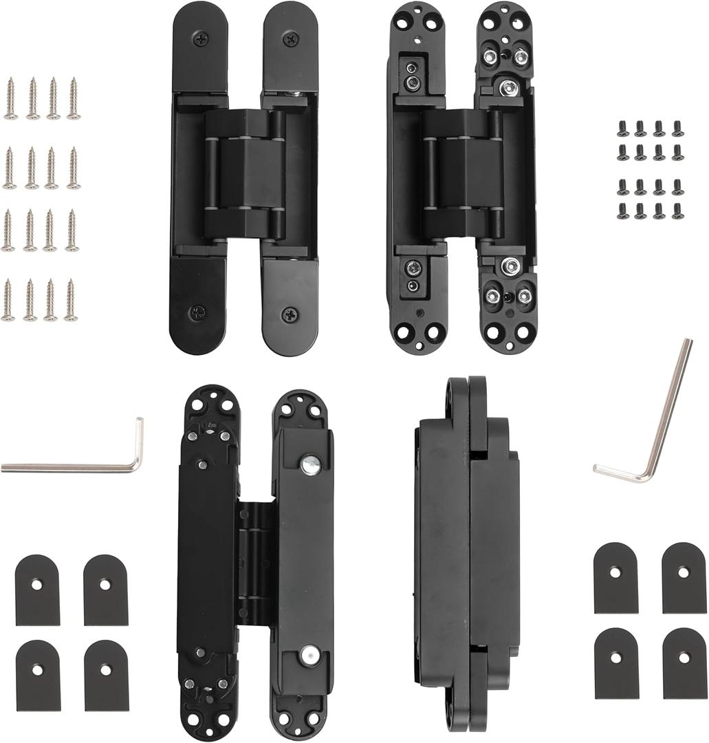 4-Pack 7 inch Black Hidden Door Hinges, Heavy Duty Zinc Alloy Concealed Hinges, Invisible 180 Degree Swing Hinge, 3 Way Adjustable Butt Hinge