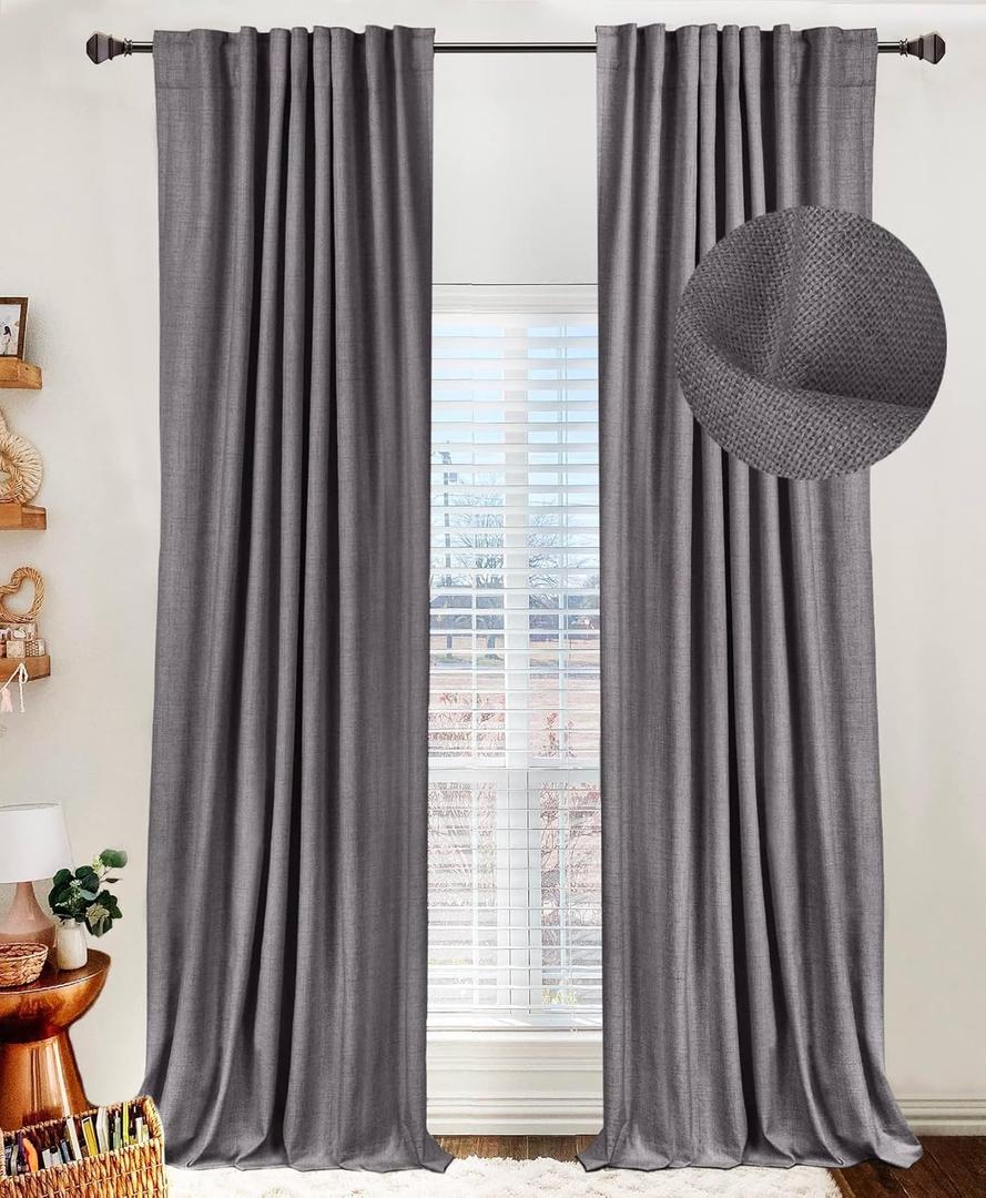 100% Blackout Shield Linen Blackout Curtains for Bedroom 96 Inches Long, Back Tab/Rod Pocket Living Room Drapes, Thermal Insulated Blackout Curtains 2 Panels Set, 50" W x 96" L, Darkgray