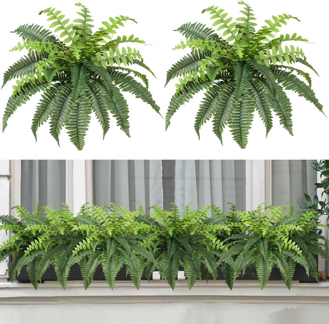 Luyue Fake Ferns Artificial Plants Sets of 2, 25" Artificial Boston Ferns for Outdoors Realistic Large Faux Fern Bush with 24 Fronds Hanging Plant for Front Porch Patio Outdoor/Indoor Home Decor