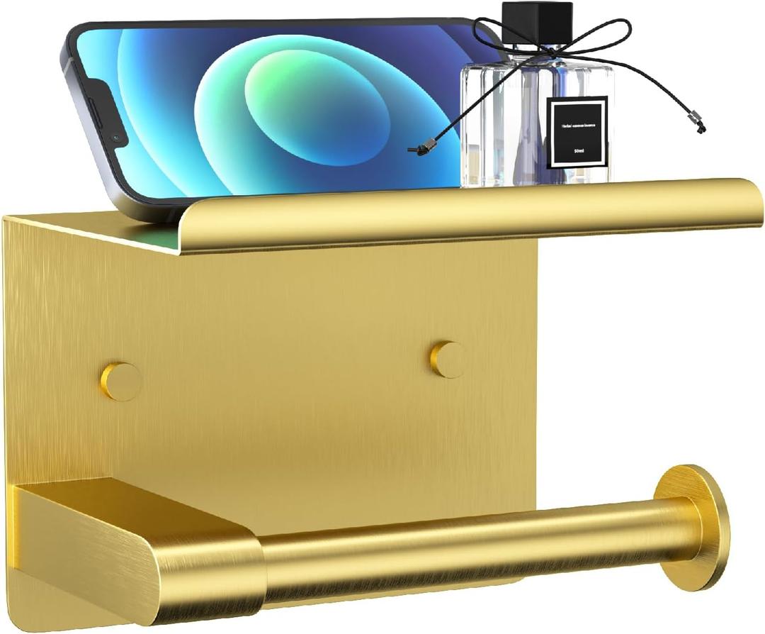 Brushed Gold Toilet Paper Holder Wall Mount, Fits Mega Rolls Size Rustproof Self Adhesive Brushed Brass Toilet Paper Holder Gold with Shelf (D-brushed Gold)