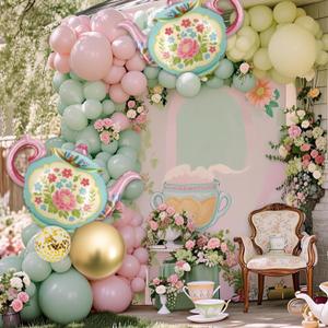 102 Pcs Tea Party Balloons, 35" Huge Teapot Aluminum Foil Balloons Pink Green Gold Confetti Latex Balloon for Girls Birthday Let's Par Tea Baby Shower Bridal Shower Garden Party Decorations Supplies