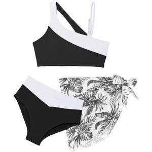 blibean Teen Girls Swimsuit Three Piece Cutout Bathing Suits Bikini Set Size 6-15 Years (Black, XXL)