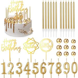 Yerliker 34 Pcs Happy Birthday Cake Toppers Decorations Birthday Candles DIY Cake Decor for Men Women Wedding Anniversary(Gold)