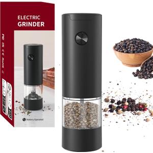 Electric Pepper Grinder or Salt Mill, Battery Powered Automatic Pepper Mill,One Hand Operation, LED Light, Ceramic Grinder with Adjustable Coarseness, One Hand Operation Black